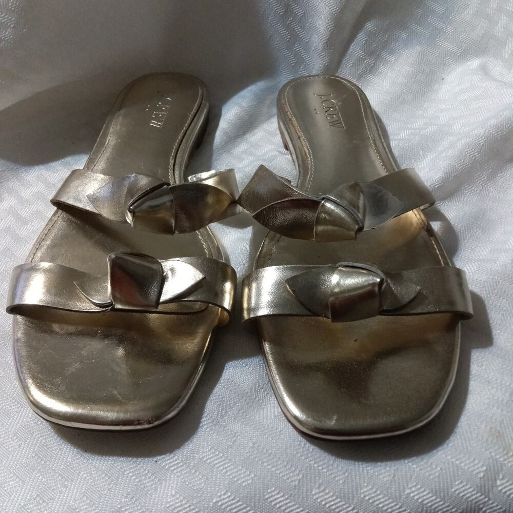 J.Crew Metallic Gold Knot Slide Sandals double-strap knotted design Sz. 7